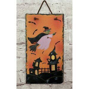 Halloween Witch Trick Or Treat Hand Painted Slate Shingle Wall Hanging Art